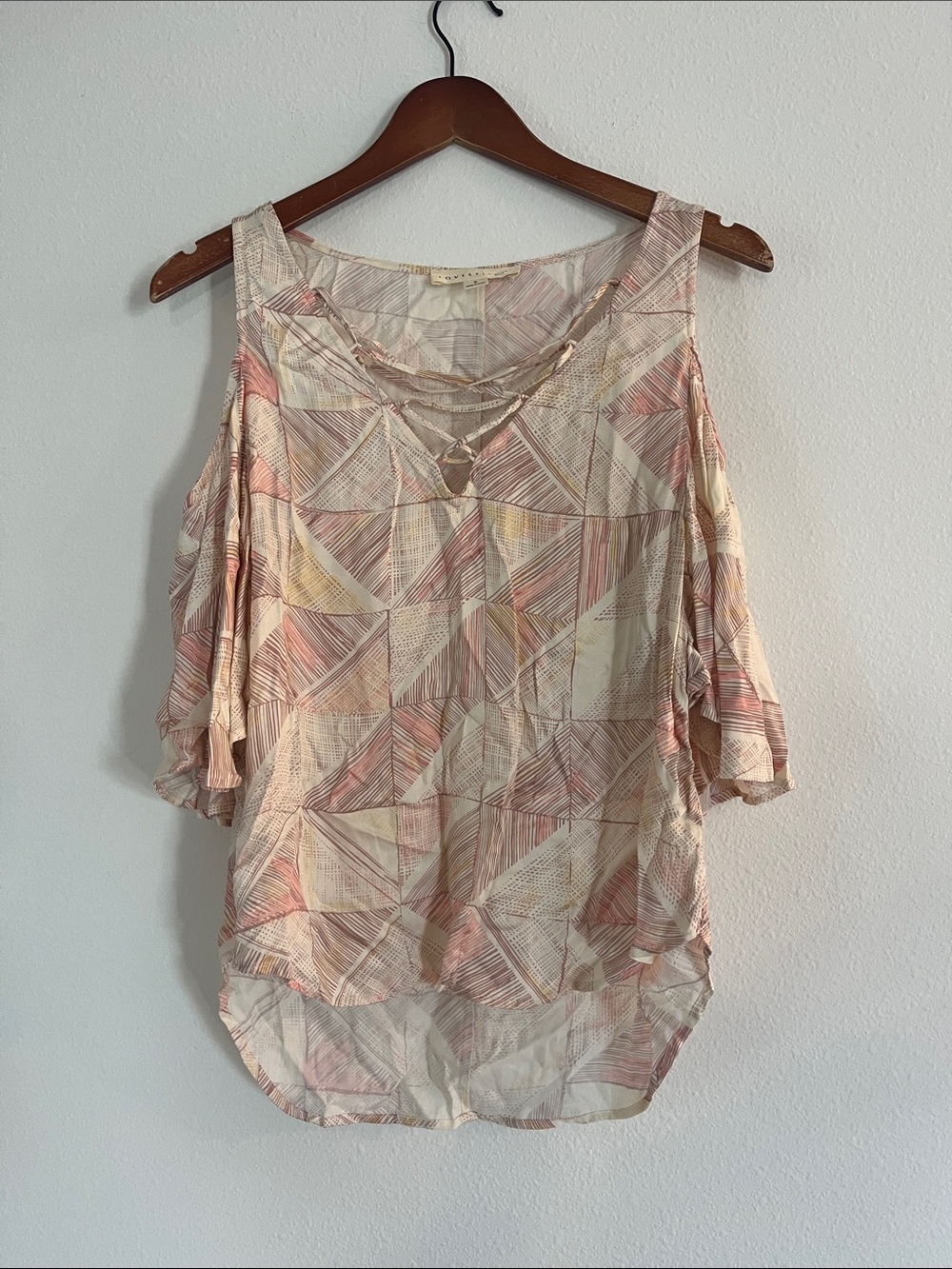 lovestitch Cream and Pink Geometric Cold-Shoulder Top